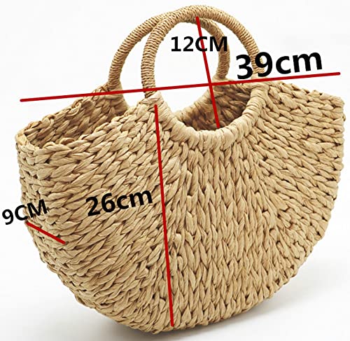 Women Straw Bag Large Woven Tote Bag with Pendant Round Handle Tote Retro Purse Hobo Summer Beach Handbag