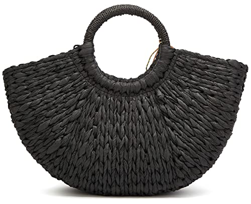 Women Straw Bag Large Woven Tote Bag with Pendant Round Handle Tote Retro Purse Hobo Summer Beach Handbag