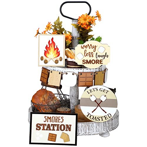 10 Pcs Camping Tiered Tray Decor Set Farmhouse Farm Tiered Tray Decor Wood Sign Camping Party Decorations Campfire Centerpiece Decor Barbecue Camping Decorative Trays Rustic Kitchen Decor (Large)