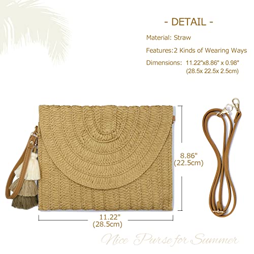 Aovtero Straw Clutch Purse Women Crossbody Bag Summer Beach Shoulder Bags Envelope Wallet Handbags (Light Brown)