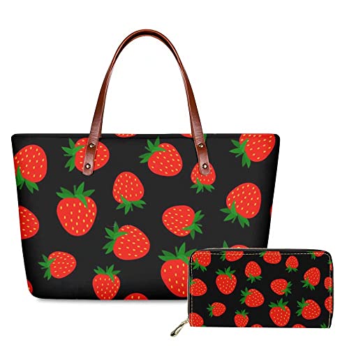 Strawberry Handbag and Wallet Set Shoulder Bag Top Handle Bag Tote Purse for Women Youth Girls