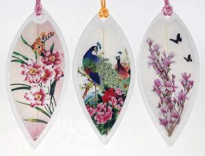 lucore home leaf bookmarks – peacocks and pink flowers asian painting lucky charm, ornament, hanging & wall decor, art decoration – 3 pcs, made of real leaves