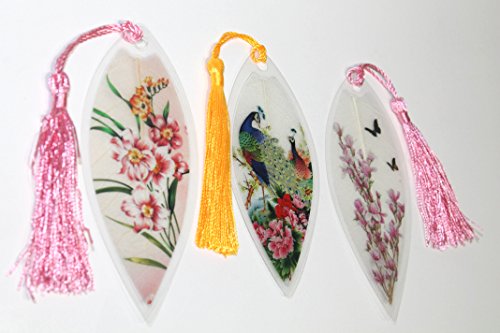 Lucore Home Leaf Bookmarks - Peacocks and Pink Flowers Asian Painting Lucky Charm, Ornament, Hanging & Wall Decor, Art Decoration - 3 Pcs, Made of Real Leaves