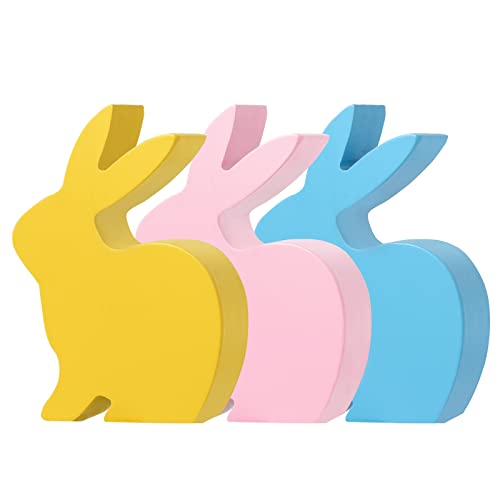 3PCS 5.1” Easter Bunny Table Wooden Signs Easter Decor Tired Tray Decoration Table Centerpiece Sign Desk Ornaments Easter Party Supplies Office Desk Easter Home Decoration Gift