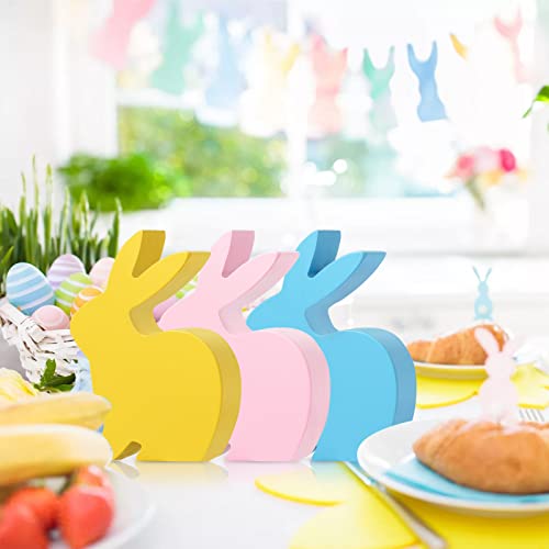 3PCS 5.1” Easter Bunny Table Wooden Signs Easter Decor Tired Tray Decoration Table Centerpiece Sign Desk Ornaments Easter Party Supplies Office Desk Easter Home Decoration Gift