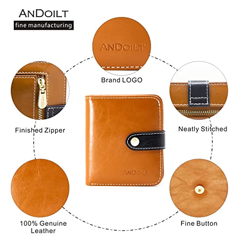 ANDOILT Small Wallets for Women Compact Bifold Pocket RFID Blocking Genuine Leather Wallet Mini Purse with ID Window Coin Pocket Brown