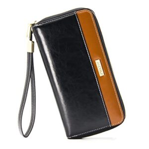 andoilt womens rfid blocking genuine leather zip around wallets large cell phone holder clutch travel purse wristlet black