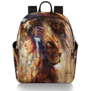 vintage indian woman lion mini backpack for women, small fashion backpack purse travel casual lightweight daypack