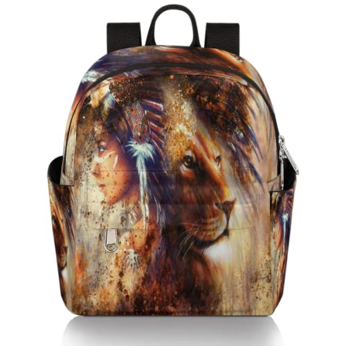 Vintage Indian Woman Lion Mini Backpack for Women, Small Fashion Backpack Purse Travel Casual Lightweight Daypack