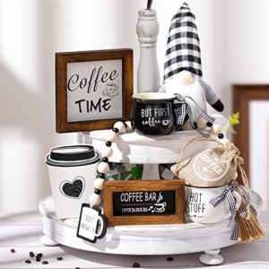 8 Pieces Coffee Bar Decor Sign Farmhouse Tiered Tray Decors,Coffee Wooden Sign Mini Coffee Mug Wooden Beads Garland for RusticTiered Tray Kitchen Table Decoration