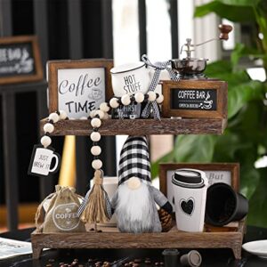 8 Pieces Coffee Bar Decor Sign Farmhouse Tiered Tray Decors,Coffee Wooden Sign Mini Coffee Mug Wooden Beads Garland for RusticTiered Tray Kitchen Table Decoration