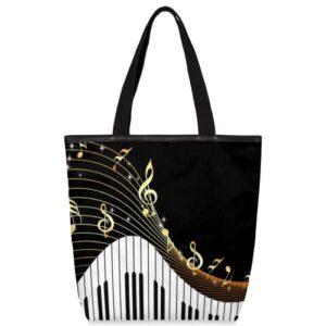 music theme women’s canvas tote bag, piano keyboard music notes shoulder handbag bags with zip large beach bag for school shopping business work travel