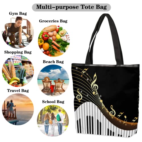 Music Theme Women's Canvas Tote Bag, Piano Keyboard Music Notes Shoulder Handbag Bags with Zip Large Beach Bag for School Shopping Business Work Travel