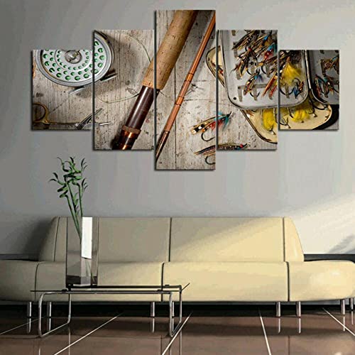 WKqifeil 5 Panels Multi Panel Print Fly Fishing Canvas Wall Art Trout Fisherman Man Cave Pictures Paintings Home Decor Painting Poster No Framed W60in*H32in