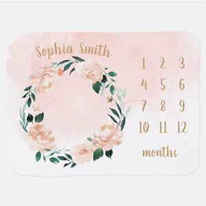 pink wreath custom name monthly milestone blankets for baby girls, personalized flower blanket for baby, personalized gifts for newborn shower flower theme