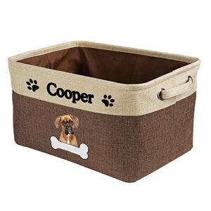 personalized dog boxer bone decorative storage basket fabric durable rectangle toy box with 2 handles for organizing closet garage clothes blankets brown and white