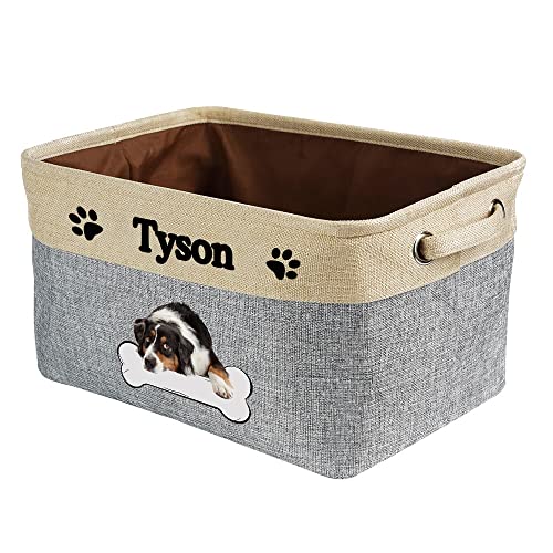 Personalized Puppy Australian Shepherd Bone Decorative Storage Basket Fabric Durable Rectangle Toy Box with 2 Handles for Organizing Closet Garage Clothes Blankets Grey and White