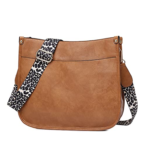 Women Shoulder Bag Vintage Crossbody Purse Handbag with Leopard Guitar Strap Hobo Satchel Bag, Brown