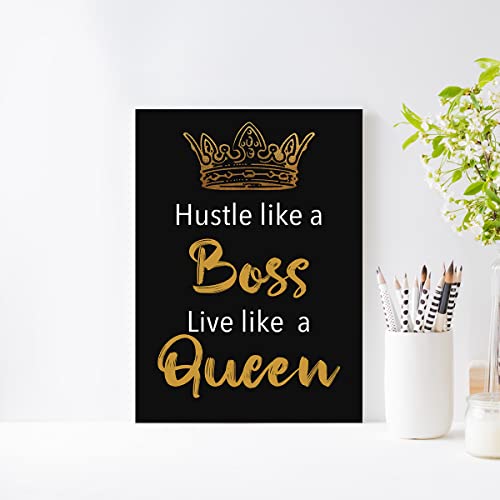 IIONGDE Hustle Like A Boss Live Like A Queen Canvas Frame Wall Art,Hustle Motivational Quotes Wall Art Canvas for Girl Women Home Office Bedroom Wall Decor-12" x 15"