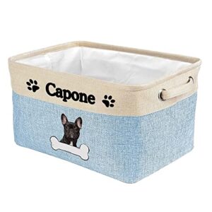 personalized puppy french bulldog bone decorative storage basket fabric durable rectangle toy box with 2 handles for organizing closet garage clothes blankets blue and white