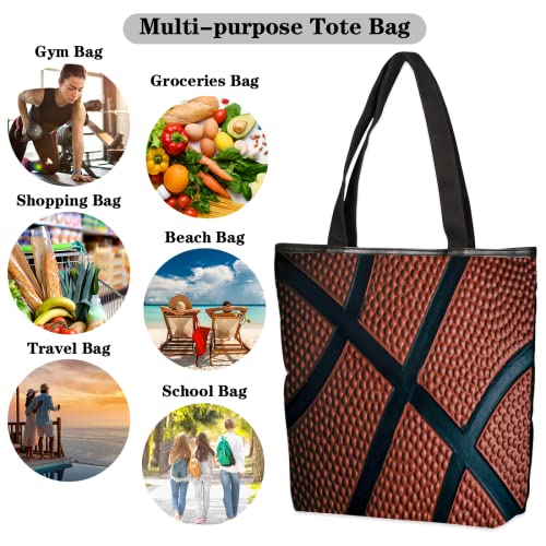 Basketball Ball Print Women's Canvas Tote Bag, Basketball Texture Shoulder Handbag Bags with Zip Large Beach Bag for School Shopping Business Work Travel