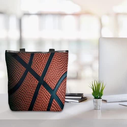 Basketball Ball Print Women's Canvas Tote Bag, Basketball Texture Shoulder Handbag Bags with Zip Large Beach Bag for School Shopping Business Work Travel