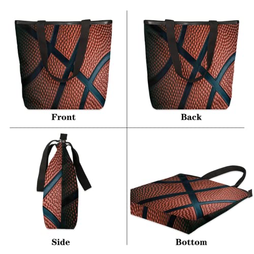 Basketball Ball Print Women's Canvas Tote Bag, Basketball Texture Shoulder Handbag Bags with Zip Large Beach Bag for School Shopping Business Work Travel