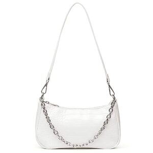 bobowings white small purses for women, mini crocodile pattern leather shoulder bag trendy with silver chain, zipper closure