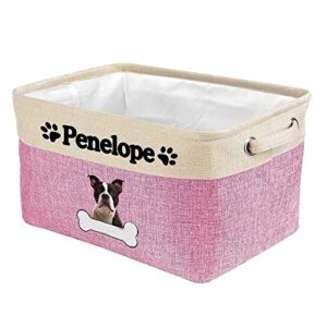 personalized dog boston terrier bone decorative storage basket fabric durable rectangle toy box with 2 handles for organizing closet garage clothes blankets pink and white