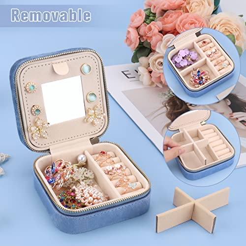 DesignSter Travel Jewelry Box - Velvet Mini Jewelry Organizer, Small Jewelry Case for Girls Women, Jewelry Storage Box for Rings Earrings Necklace (Square, Blue Fog)