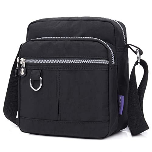 Blostirno Nylon Crossbody Bag Casual Shoulder Handbag Bags Multi Pocket Waterproof Purses for Women Black