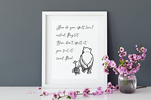 ‘Spell Love?’ Winnie the Pooh Quotes Wall Art | 8x10 UNFRAMED Black and White Minimalist Nursery Print | Pooh and Piglet Modern Home Decor