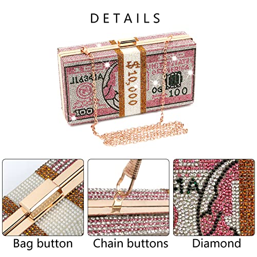 2 Pcs Set Rhinestone US Dollar Purse Party Evening Handbags Wedding Dinner Bag Stack of Cash Clutch Purses Wallet with Crystal Headbands