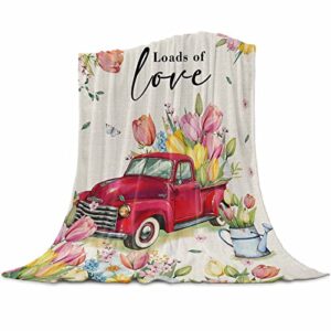 easter flannel fleece blanket red truck tulip super soft warm cozy throw blankets spring flowers butterfly bed couch or car blanket mom gift for easter mother’s day, travel all reason 40″ x 50″