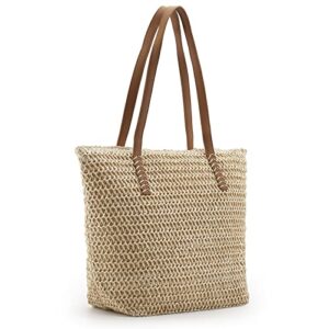 MABROUC Straw Bag, Straw Beach Bag for Women and Girls, Large Woven Summer Tote Handbag Shoulder Bag for Outdoor Vacation(Medium, beige)