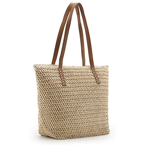 MABROUC Straw Bag, Straw Beach Bag for Women and Girls, Large Woven Summer Tote Handbag Shoulder Bag for Outdoor Vacation(Medium, beige)