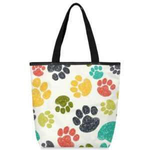vintage animal paw print women’s canvas tote bag, dog paw print shoulder handbag bags with zip large beach bag for school shopping business work travel