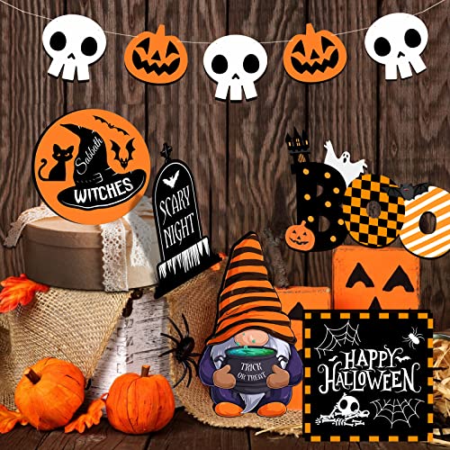 10 Pcs Halloween Tiered Tray Decorations Halloween Wooden Signs Decor with Boo Witch Hat, Cute Gnomes, Smiley Pumpkin, Haunted House Party Wooden Decor for Halloween Farmhouse Home Table Decor