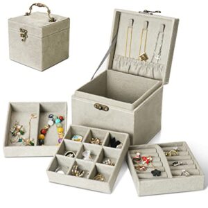 inmorven small jewelry box organizer, 3 layer velvet travel jewelry case, jewelry box organizer for women girls, earring organizer ring box, jewelry storage for necklace bracelets (gray)