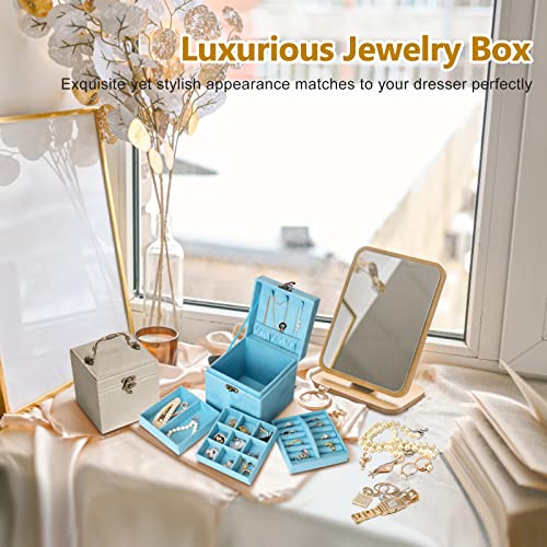 INMORVEN Small Jewelry Box Organizer, 3 Layer Velvet Travel Jewelry Case, Jewelry Box Organizer for Women Girls, Earring Organizer Ring Box, Jewelry Storage for Necklace Bracelets (Gray)
