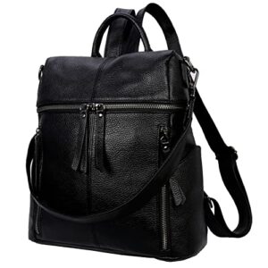 iswee genuine leather vintage casual daypack backpacks travel essentials anti-theft work fashion backpack purse for women (black)