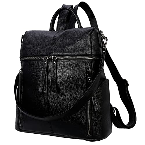 Iswee Genuine Leather Vintage Casual Daypack Backpacks Travel Essentials Anti-theft Work Fashion Backpack Purse for Women (Black)