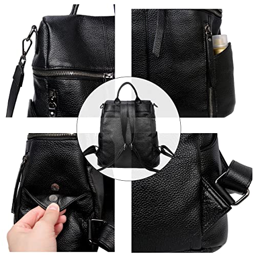 Iswee Genuine Leather Vintage Casual Daypack Backpacks Travel Essentials Anti-theft Work Fashion Backpack Purse for Women (Black)