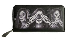 dga day of the dead lowrider see no evil hear no evil chola women’s clutch zippered wallet, black