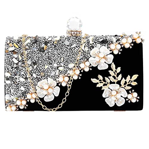 Barode Rhinestone Clutches Flower Black Evening Bag Crystals Crossbody Bags Pearl Bride Wedding Clutch Purses Floral Velvet Prom Handbags for Women