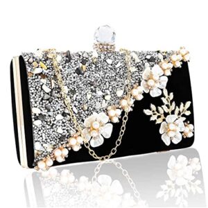 Barode Rhinestone Clutches Flower Black Evening Bag Crystals Crossbody Bags Pearl Bride Wedding Clutch Purses Floral Velvet Prom Handbags for Women