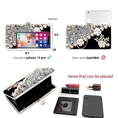 Barode Rhinestone Clutches Flower Black Evening Bag Crystals Crossbody Bags Pearl Bride Wedding Clutch Purses Floral Velvet Prom Handbags for Women