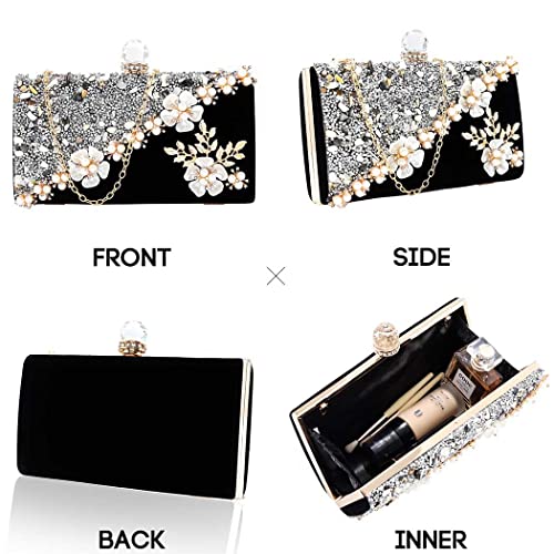 Barode Rhinestone Clutches Flower Black Evening Bag Crystals Crossbody Bags Pearl Bride Wedding Clutch Purses Floral Velvet Prom Handbags for Women