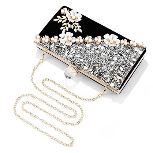 Barode Rhinestone Clutches Flower Black Evening Bag Crystals Crossbody Bags Pearl Bride Wedding Clutch Purses Floral Velvet Prom Handbags for Women