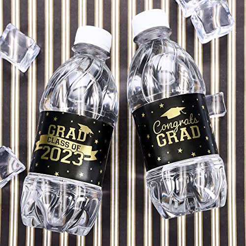Graduation Water Bottle Labels Class of 2023 - Water Bottle Waterproof Wrappers - School Colors - 24 Stickers (Gold Black)